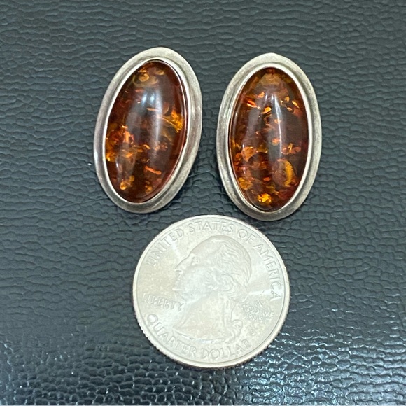 Vintage Sterling Silver Handcrafted Cabochon Oval Baltic Amber Earrings 7.4g - Picture 5 of 15